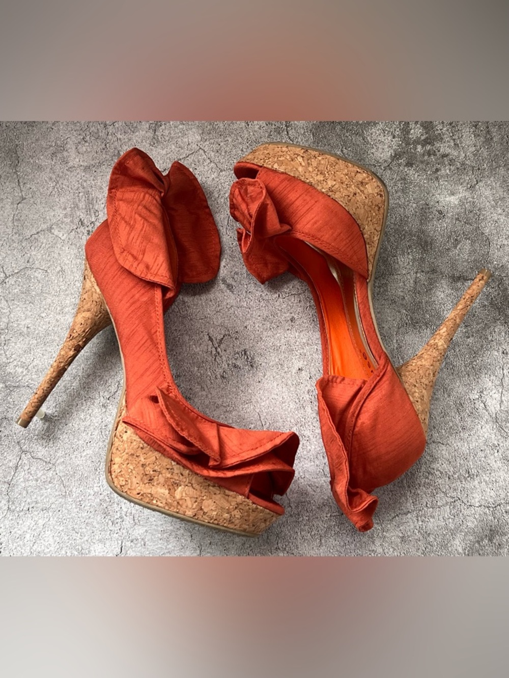 ECU Dollhouse Orange Fabric Cork Platform Heels with Ruffle Bow Detail